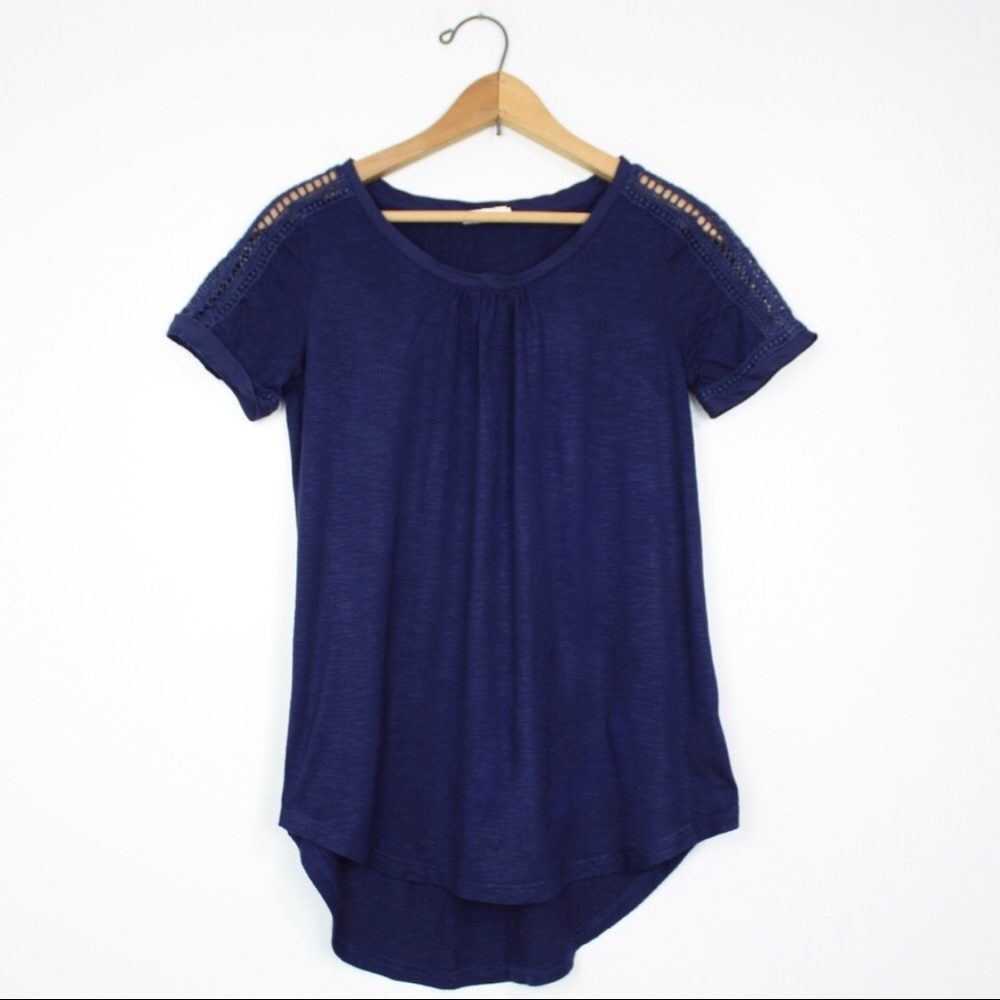 Anthropolgie Navy Crochet Shoulder Top
